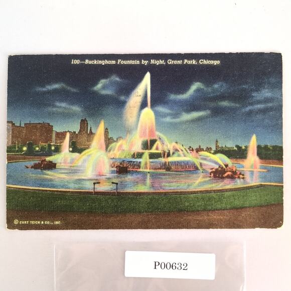 Buckingham Fountain by Night Grant Park Chicago IL 1940s Linen Postcard 1949 - Picture 1 of 2